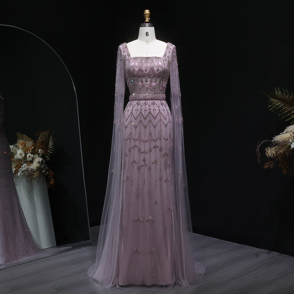 Luxury Beaded Turquoise Evening Dress with Cape Sleeves SS089 