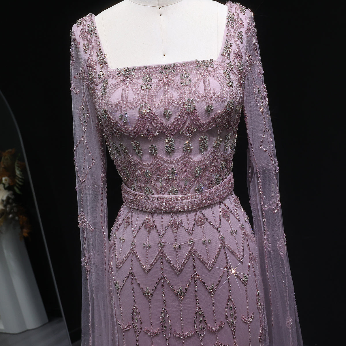 Luxury Beaded Turquoise Evening Dress with Cape Sleeves SS089 