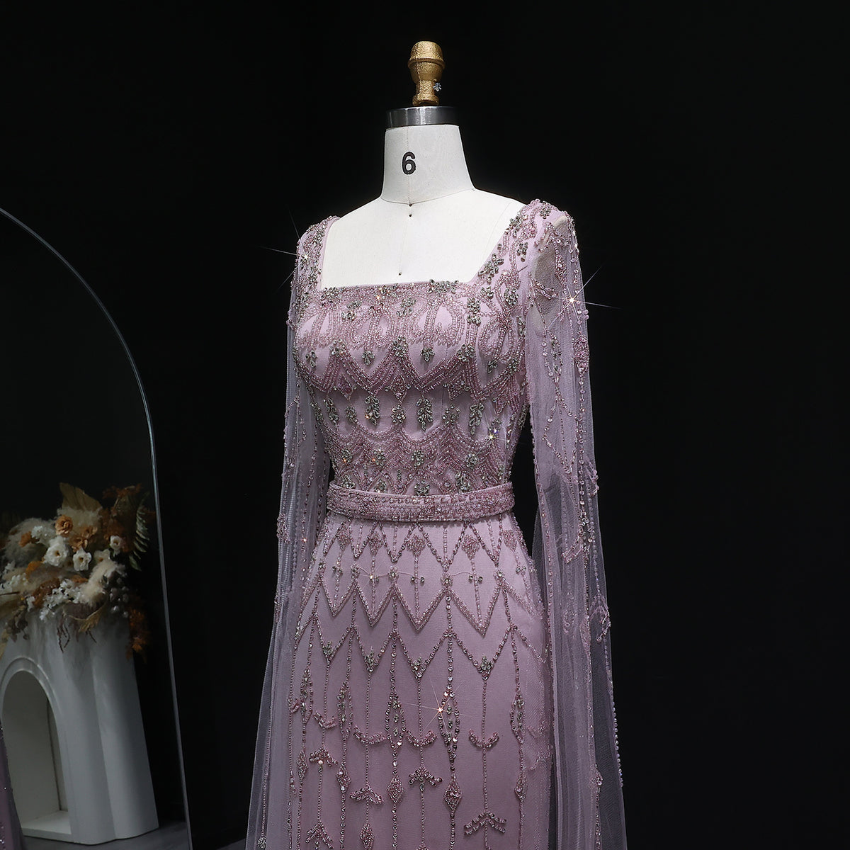 Luxury Beaded Turquoise Evening Dress with Cape Sleeves SS089 