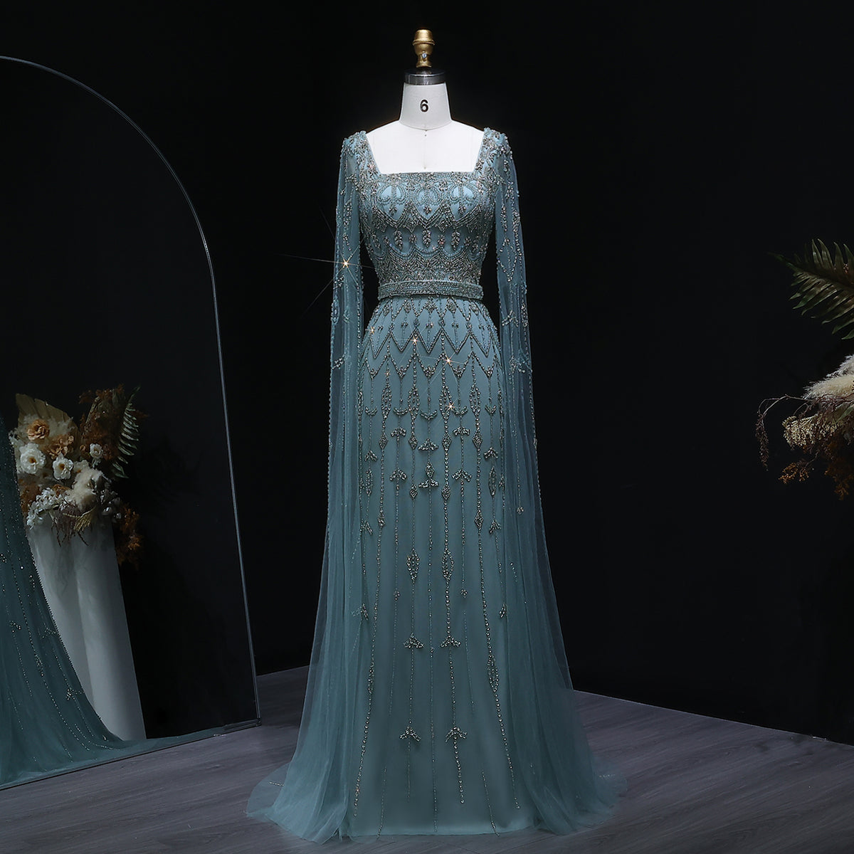 Luxury Beaded Turquoise Evening Dress with Cape Sleeves SS089 
