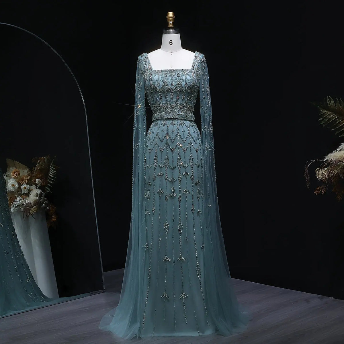 Luxury Beaded Turquoise Evening Dress with Cape Sleeves SS089 