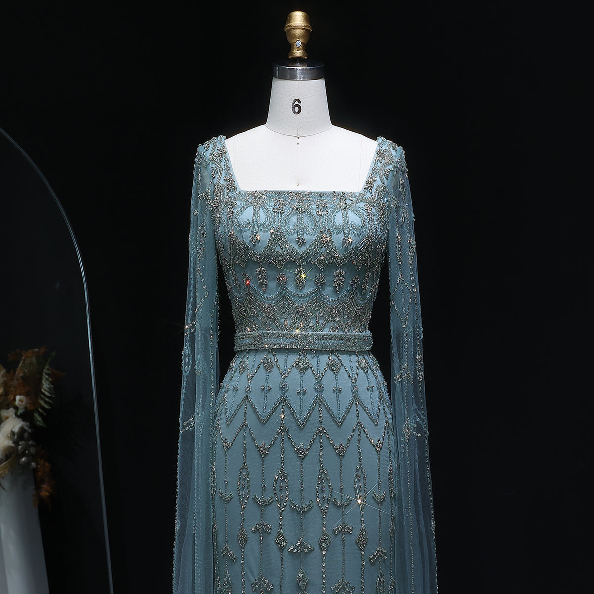 Luxury Beaded Turquoise Evening Dress with Cape Sleeves SS089 