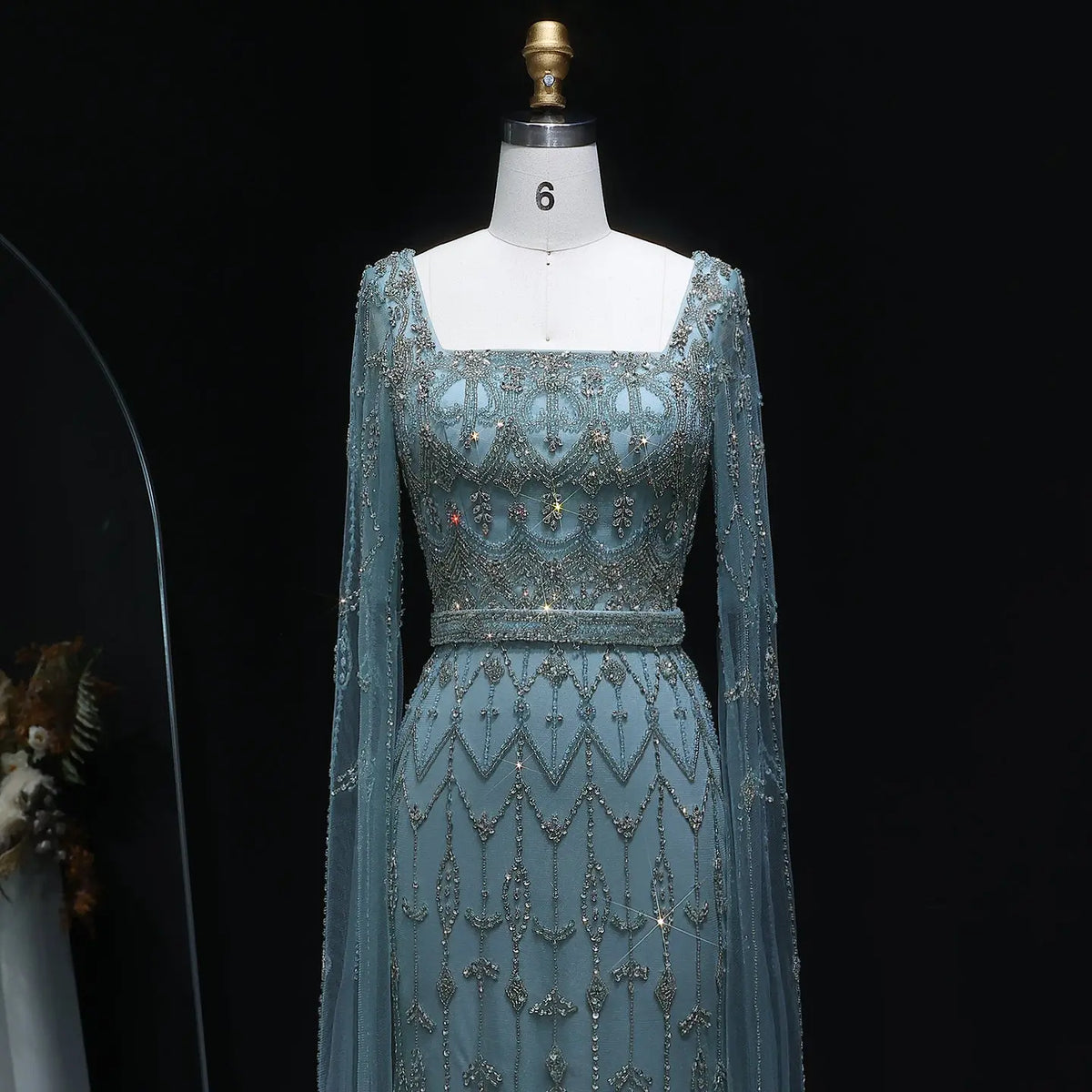 Luxury Beaded Turquoise Evening Dress with Cape Sleeves SS089 