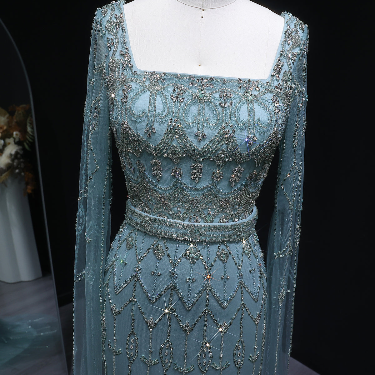 Luxury Beaded Turquoise Evening Dress with Cape Sleeves SS089 