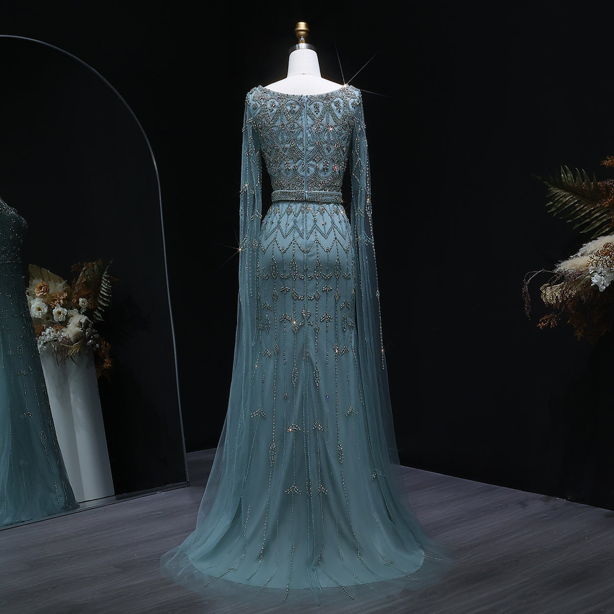 Luxury Beaded Turquoise Evening Dress with Cape Sleeves SS089 