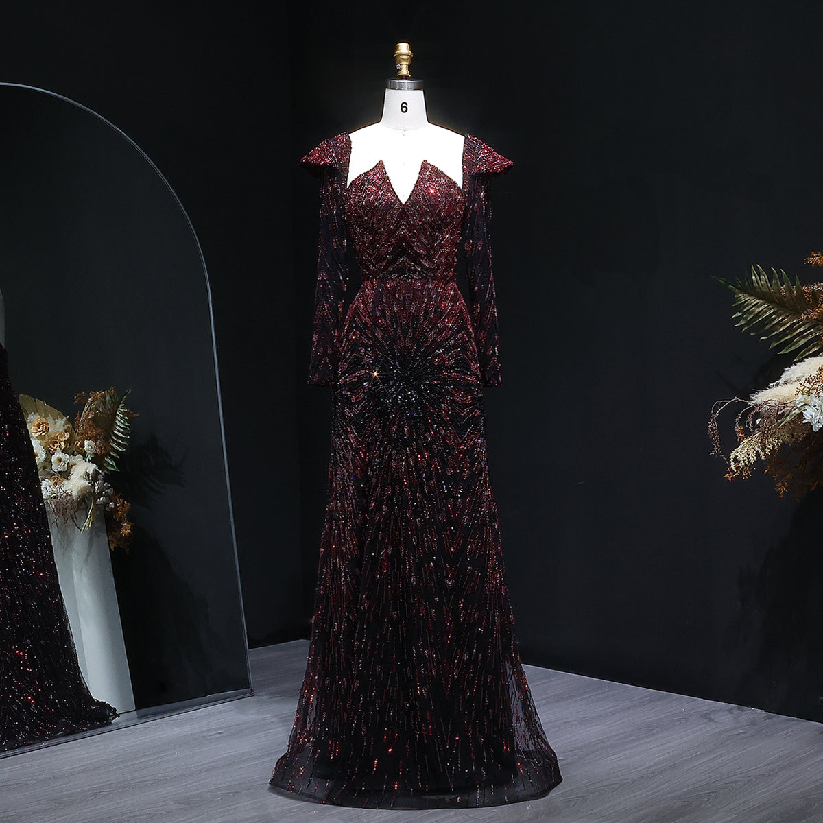 Luxury Burgundy Beaded Long Sleeve Evening Dress SS091 