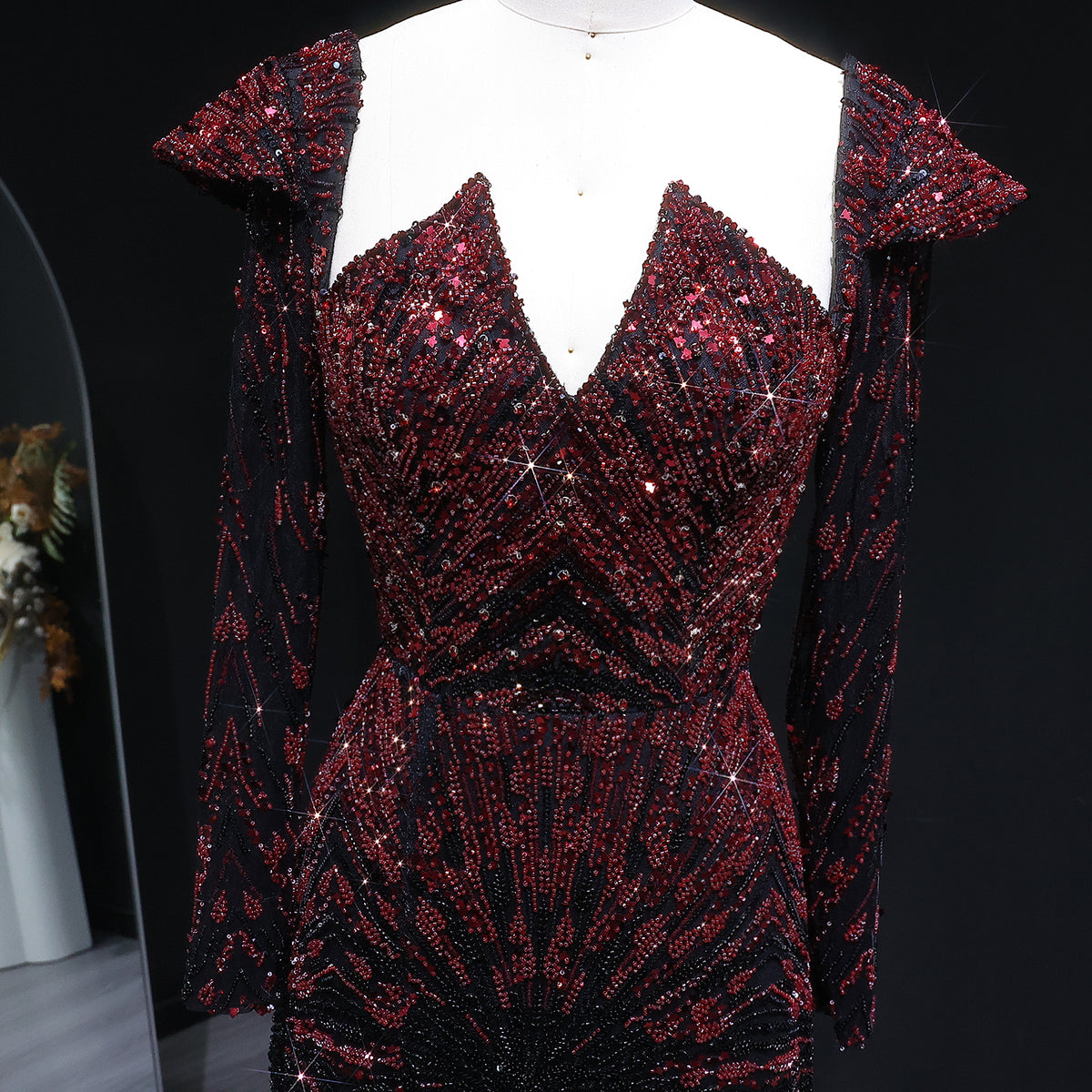Luxury Burgundy Beaded Long Sleeve Evening Dress SS091 