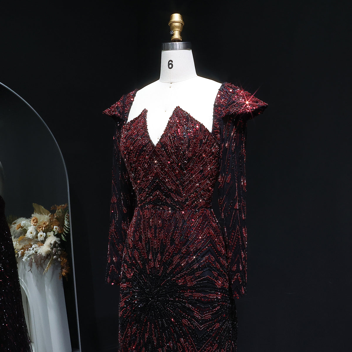Luxury Burgundy Beaded Long Sleeve Evening Dress SS091 