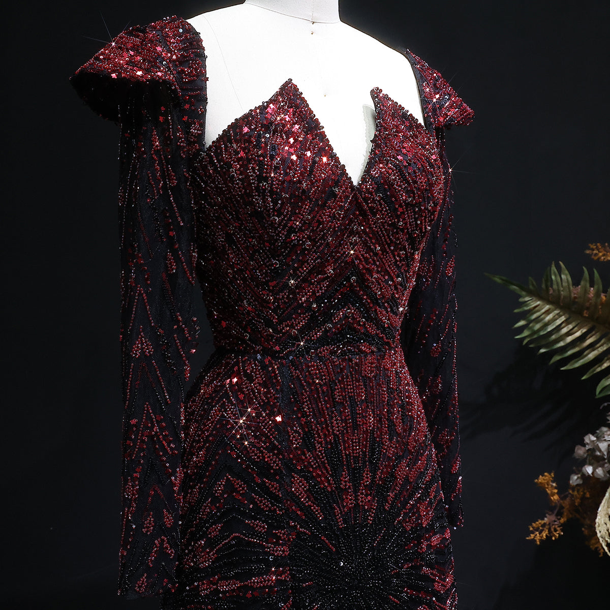 Luxury Burgundy Beaded Long Sleeve Evening Dress SS091 