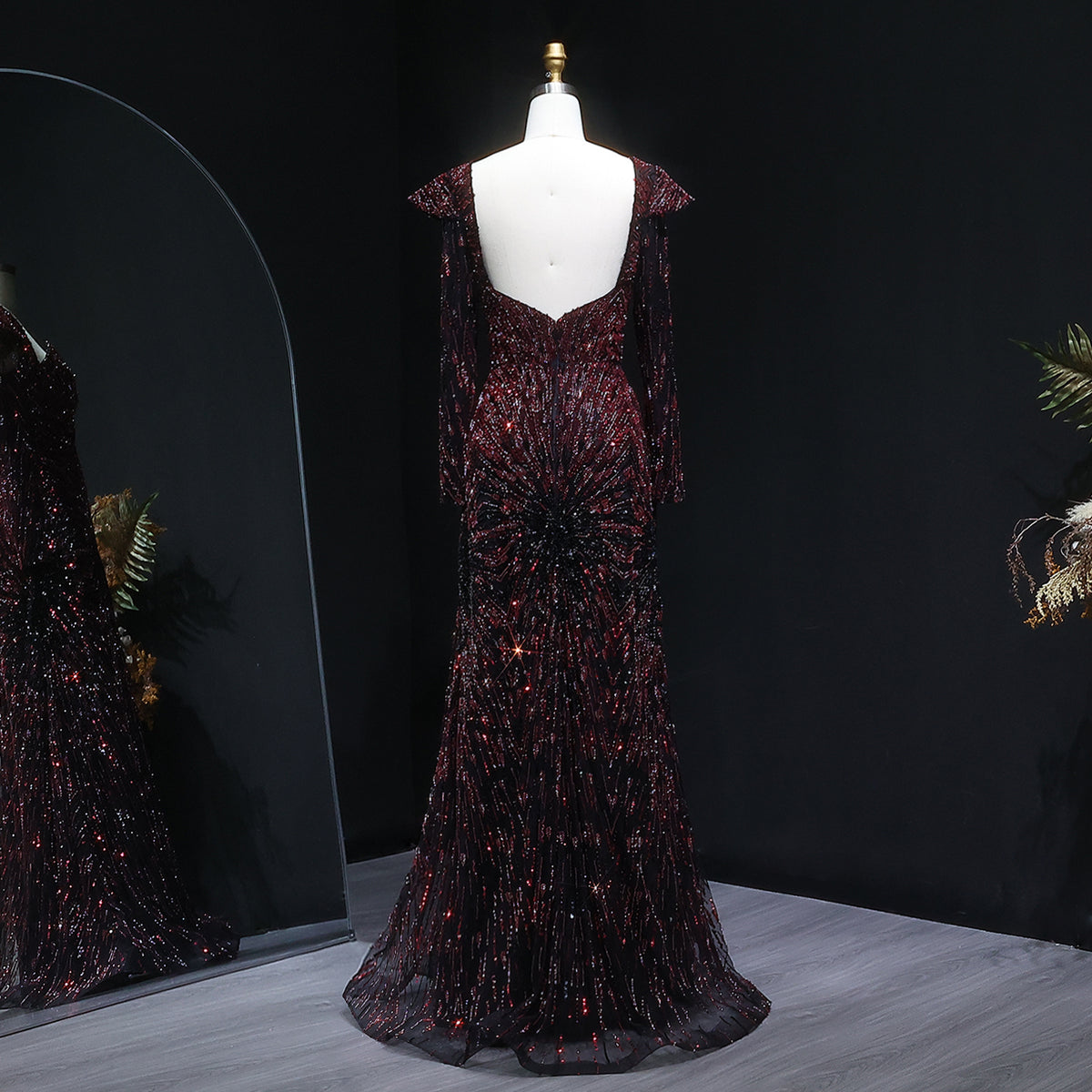 Luxury Burgundy Beaded Long Sleeve Evening Dress SS091 
