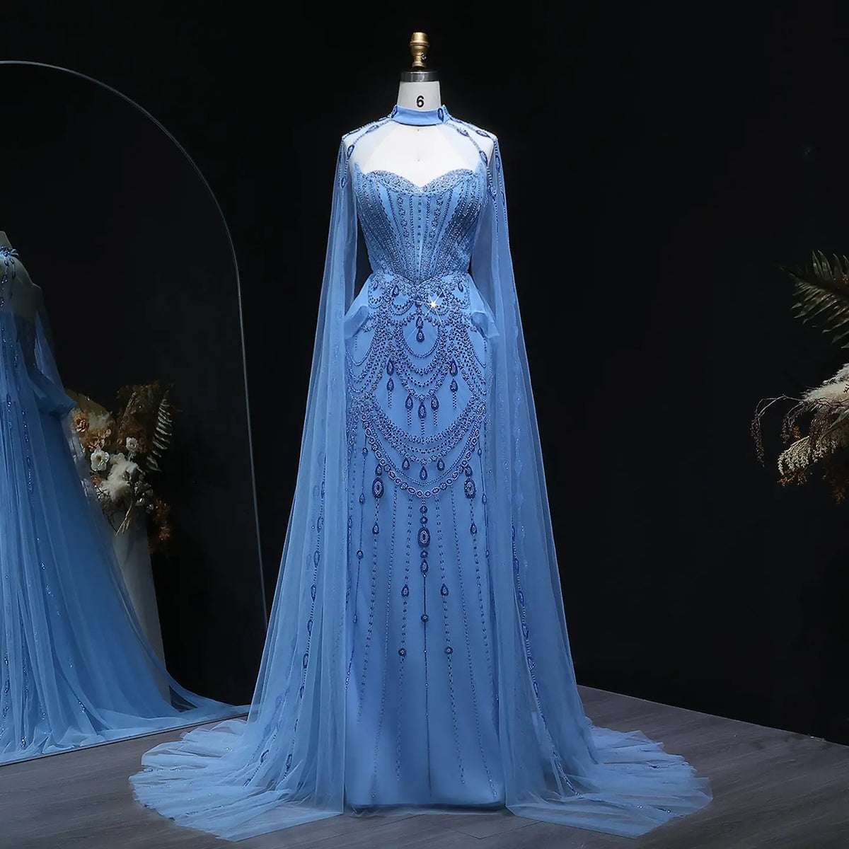 silver blue dress elegant Luxury Beaded Blue Evening Gown with Cape Sleeves and Overskirt SS092 Blue / 10