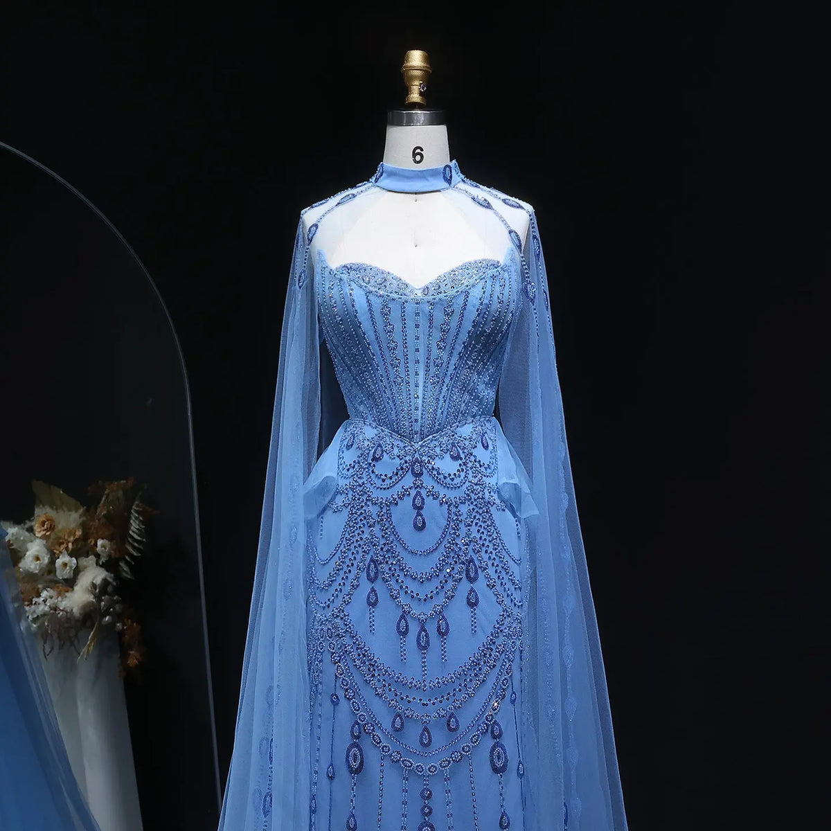 Elegant Beaded Blue Evening Dress with Cape Sleeves and Overskirt SS092 