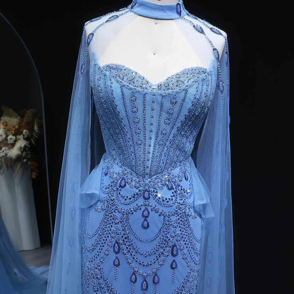 Elegant Beaded Blue Evening Dress with Cape Sleeves and Overskirt SS092 