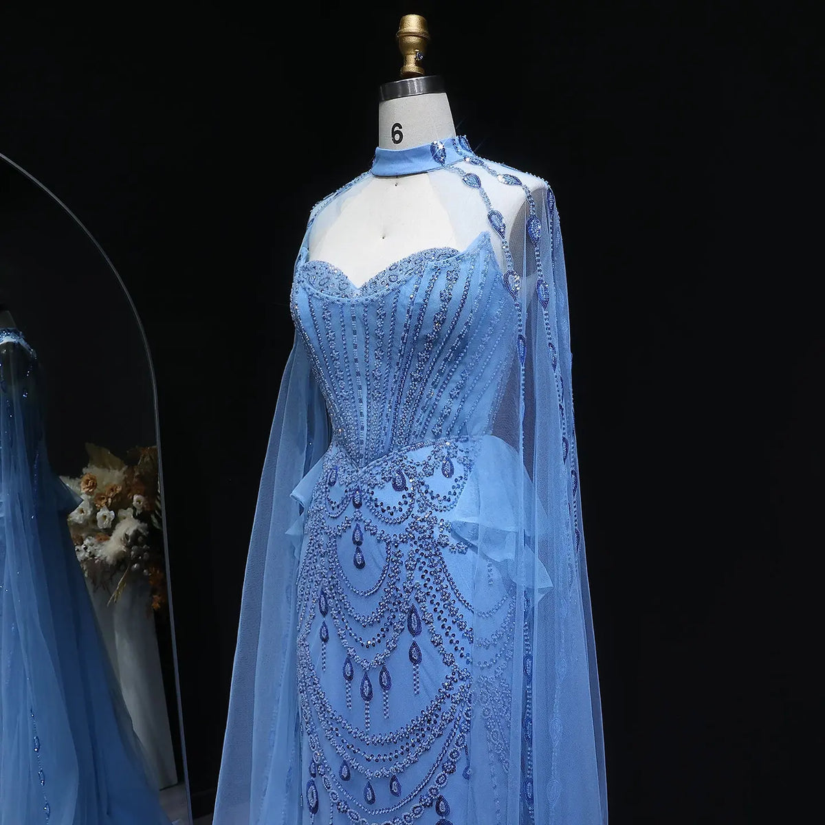 Elegant Beaded Blue Evening Dress with Cape Sleeves and Overskirt SS092 