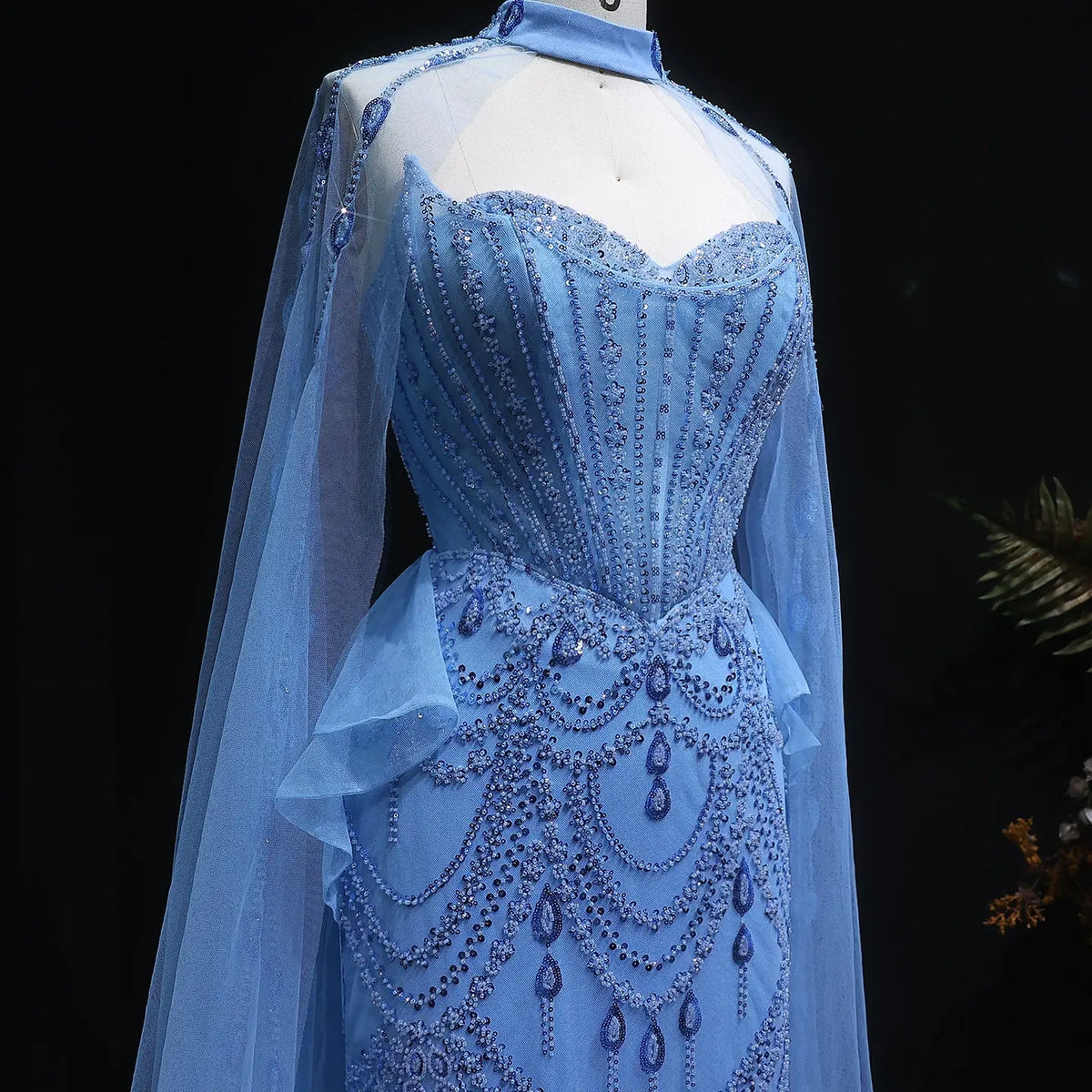 Elegant Beaded Blue Evening Dress with Cape Sleeves and Overskirt SS092 