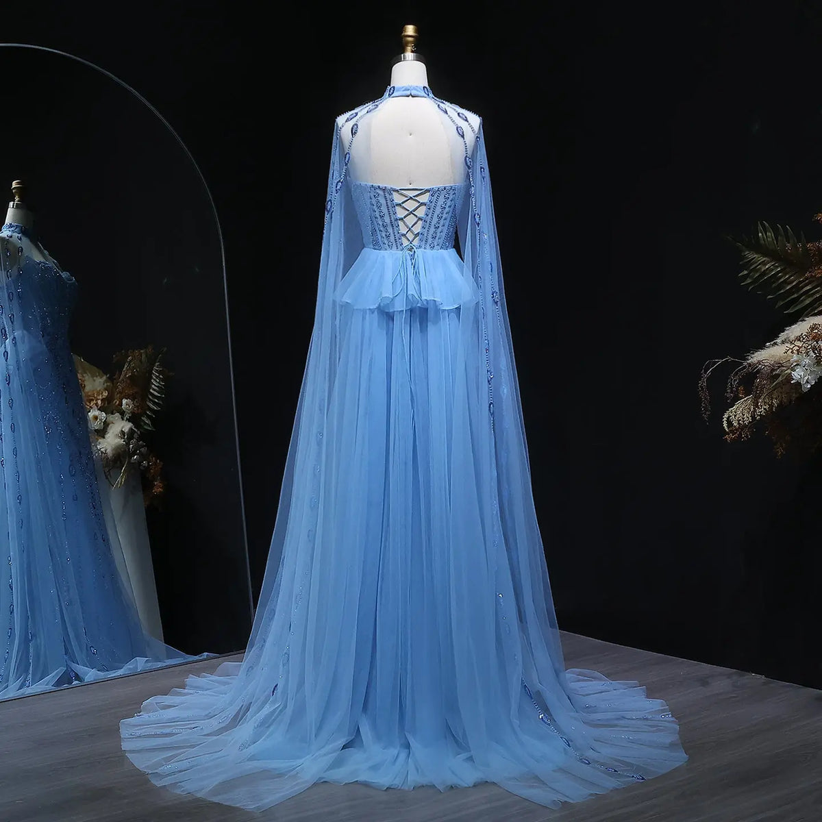 Luxury Beaded Blue Evening Gown with Cape Sleeves and Overskirt SS092 Blue / 16 Luxury Beaded Blue Evening Gown with Cape Sleeves and Overskirt SS092 Blue / 16