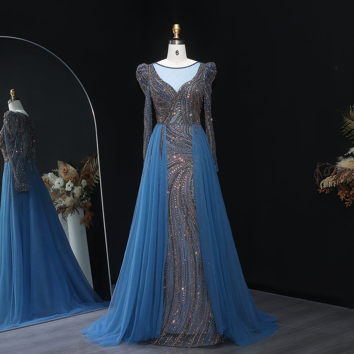 Luxury Crystal Beaded Blue Evening Dress with Overskirt SS100 