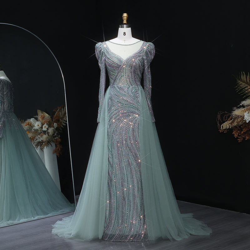 Luxury Crystal Beaded Blue Evening Dress with Overskirt SS100 