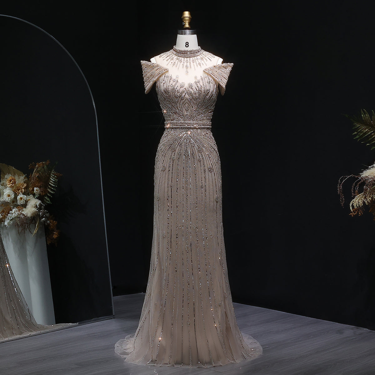 Luxury Off Shoulder Wine Red Beaded Evening Dress SS109 