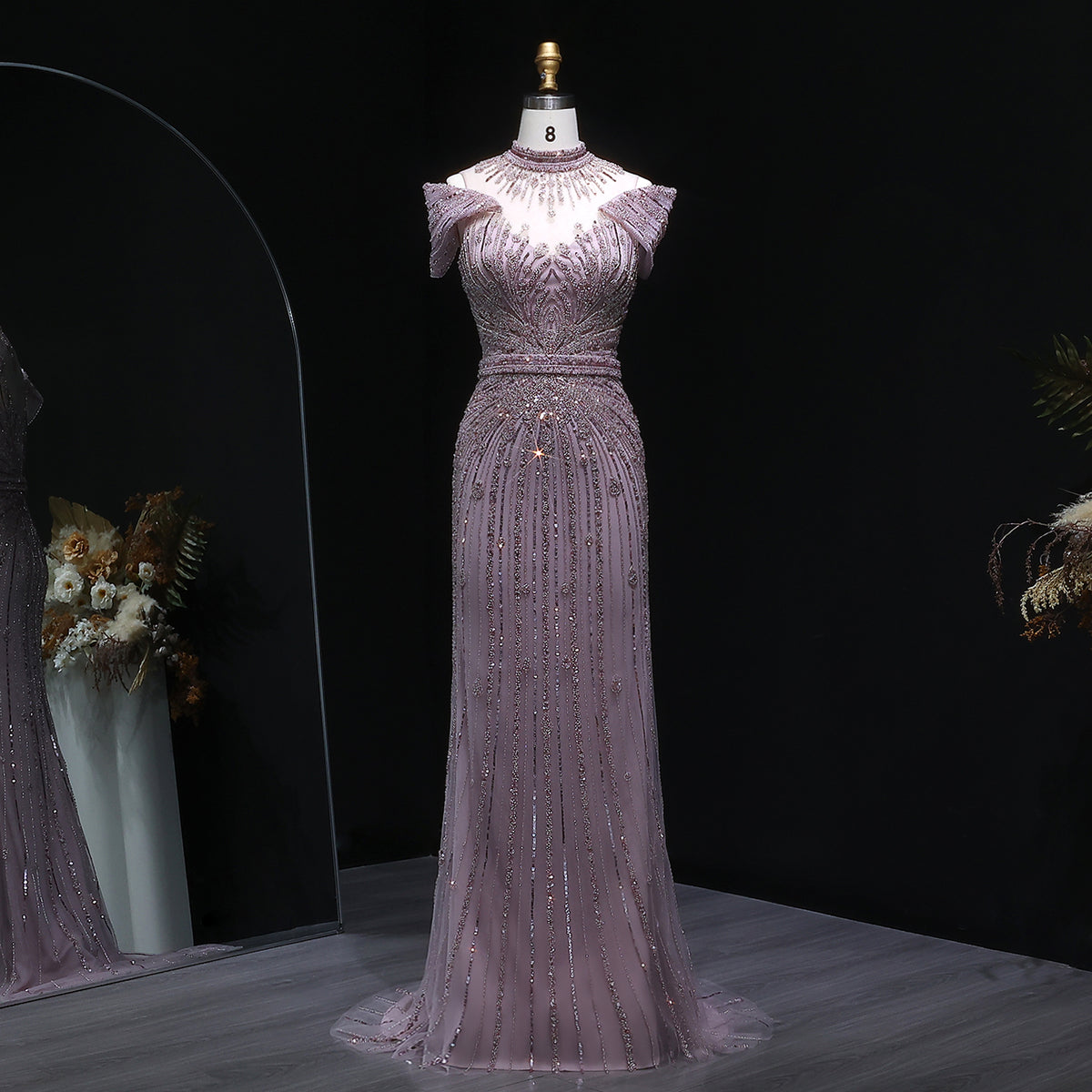 Luxury Off Shoulder Wine Red Beaded Evening Dress SS109 