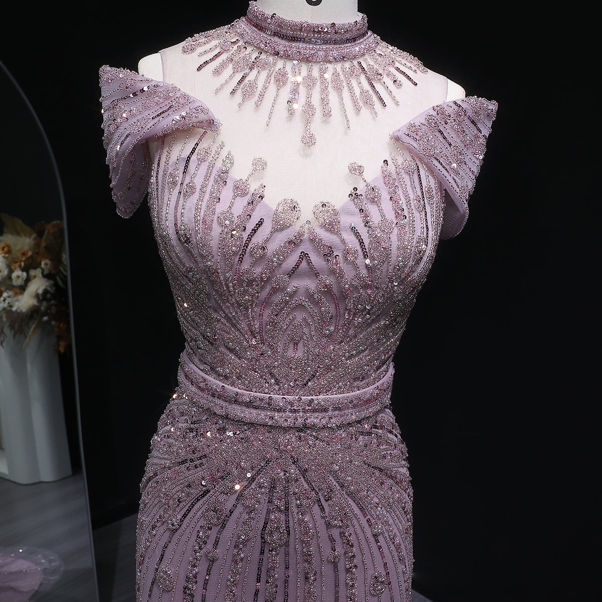 Luxury Off Shoulder Wine Red Beaded Evening Dress SS109 