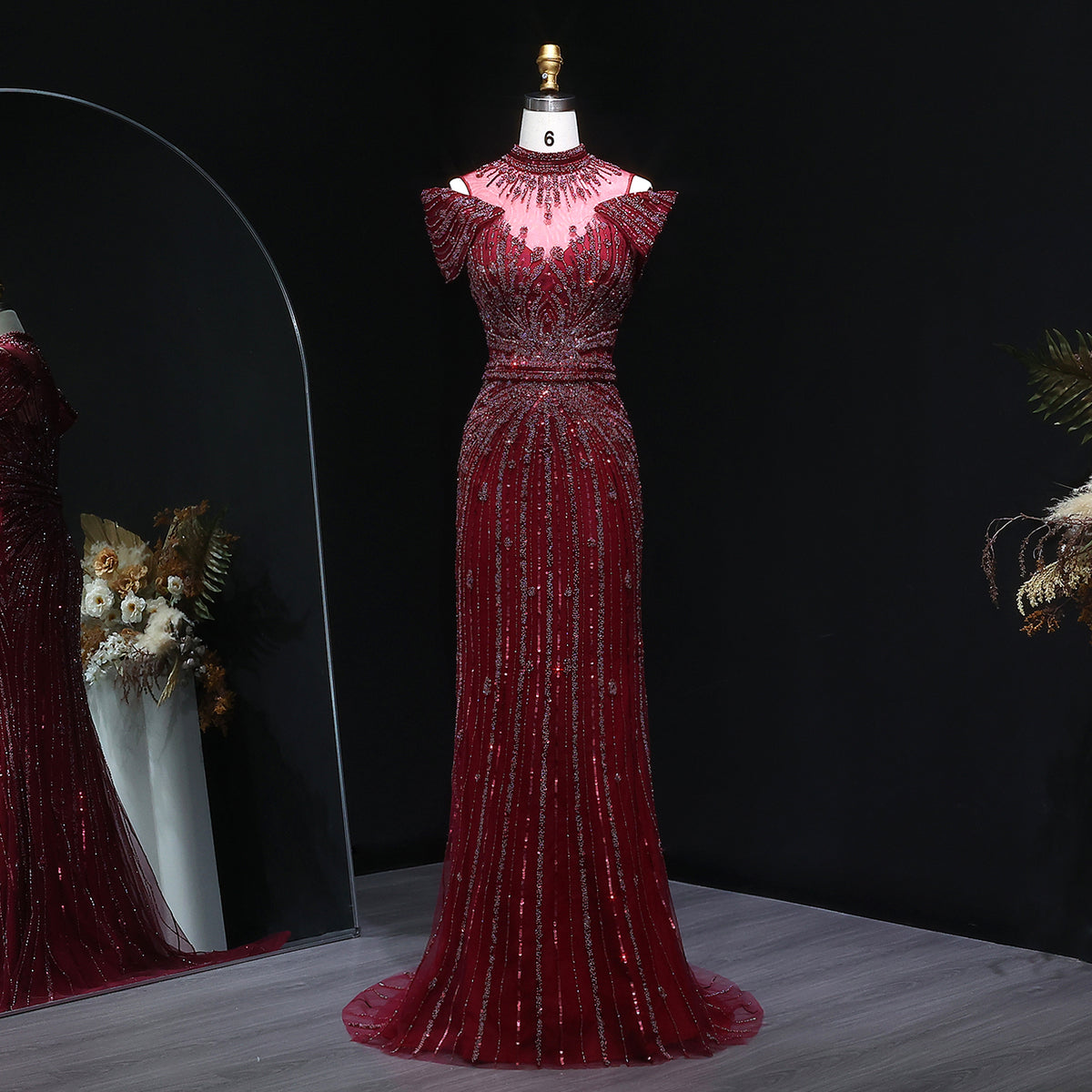 Luxury Off Shoulder Wine Red Beaded Evening Dress SS109 