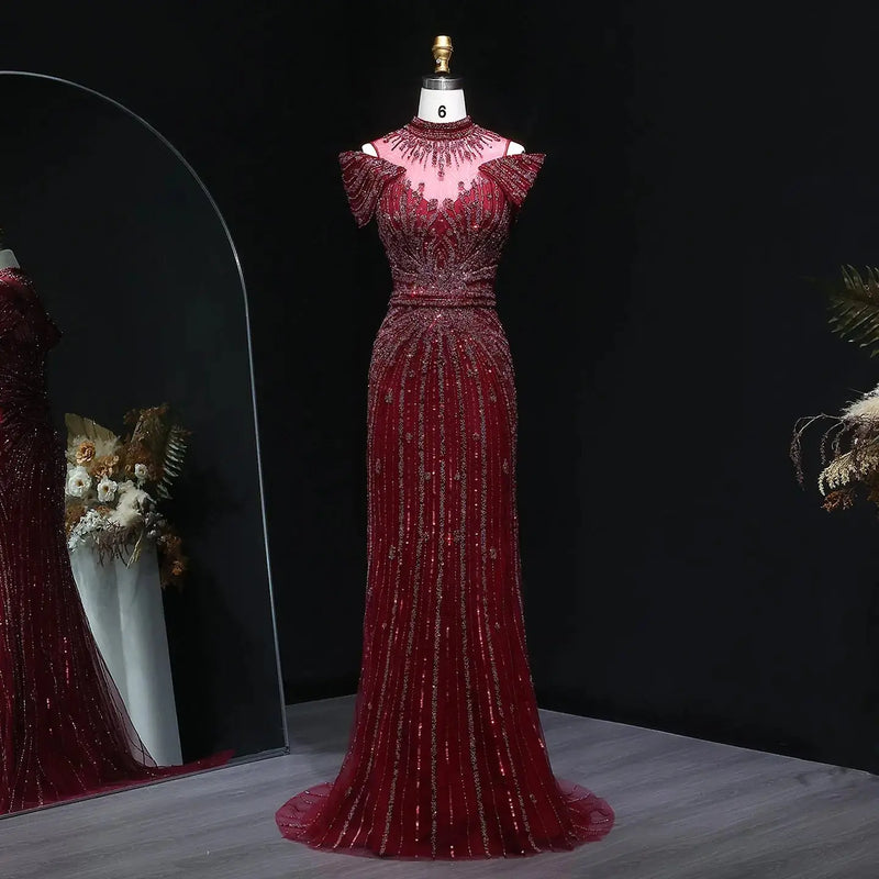 Luxury Off Shoulder Wine Red Beaded Evening Dress SS109 