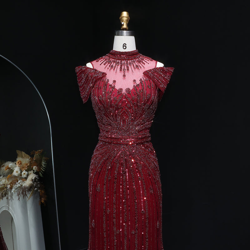 Luxury Off Shoulder Wine Red Beaded Evening Dress SS109 
