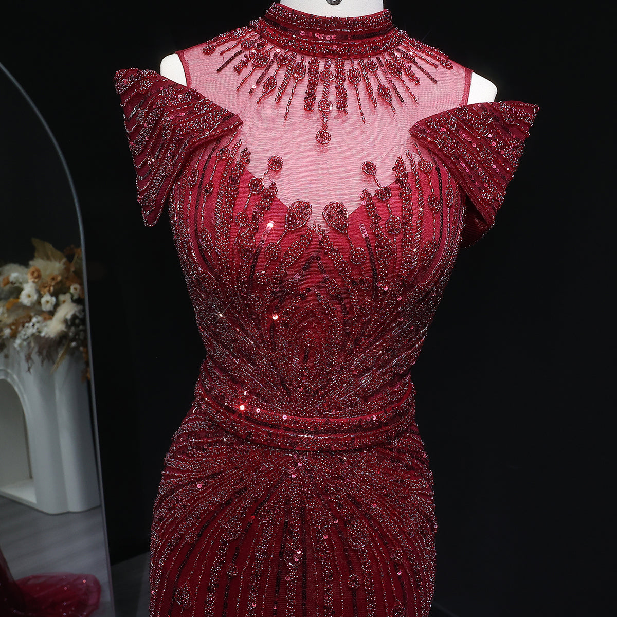 Luxury Off Shoulder Wine Red Beaded Evening Dress SS109 