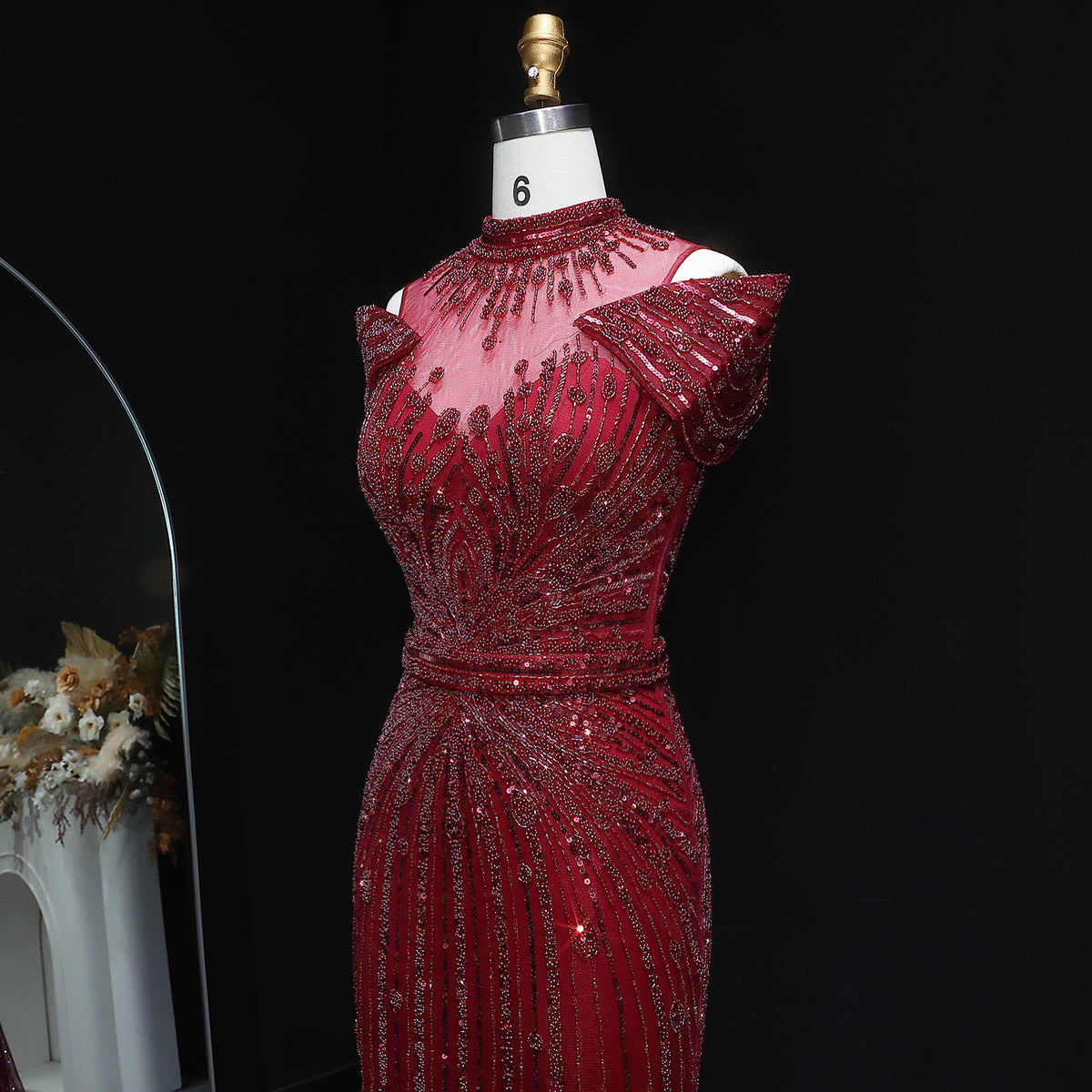 Luxury Off Shoulder Wine Red Beaded Evening Dress SS109 