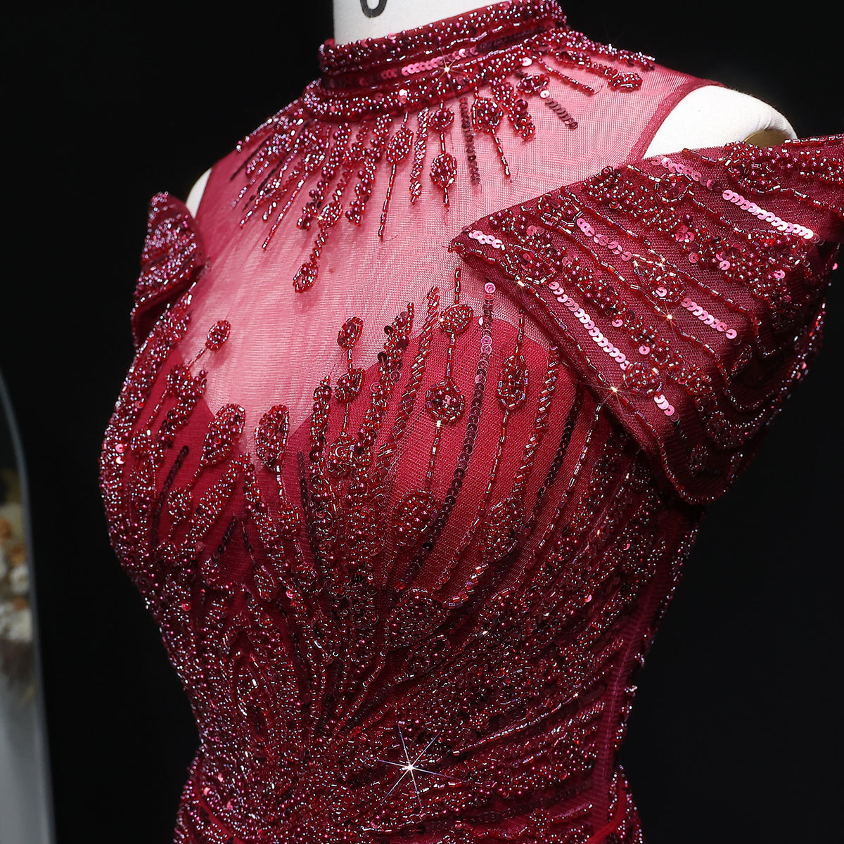 Luxury Off Shoulder Wine Red Beaded Evening Dress SS109 