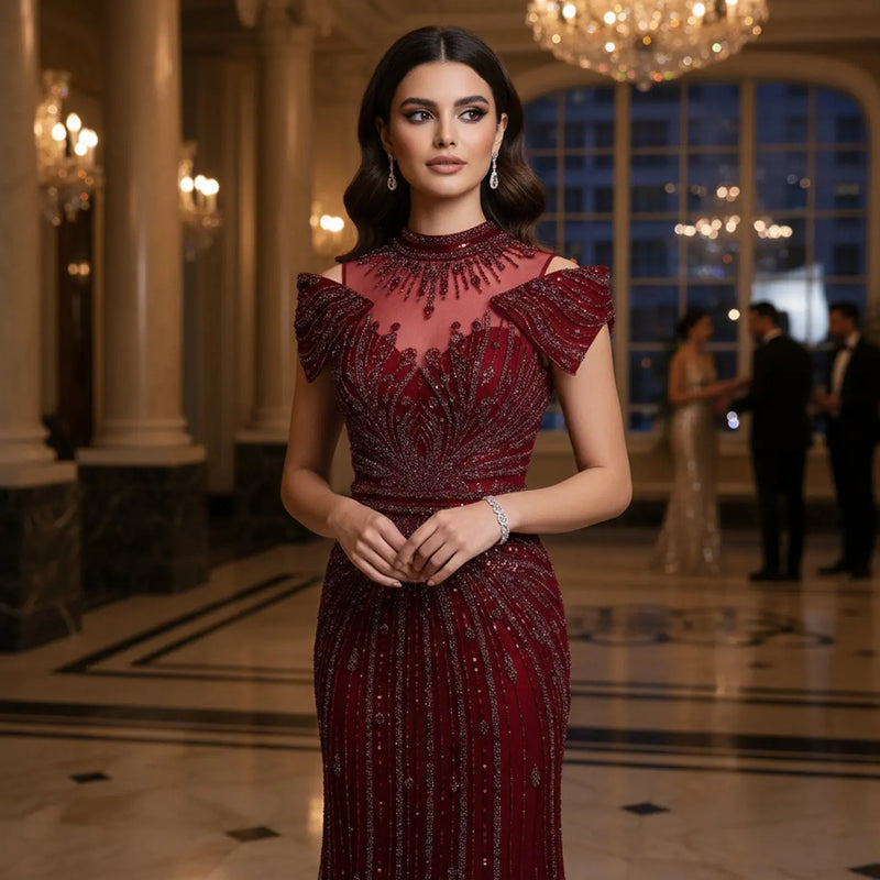 Luxury Off Shoulder Wine Red Beaded Evening Dress SS109 
