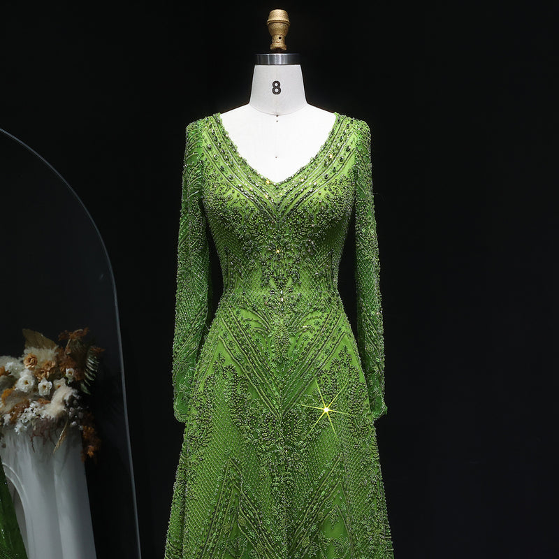 Elegant Lime Green Beaded Long Sleeve Evening Dress SS110 