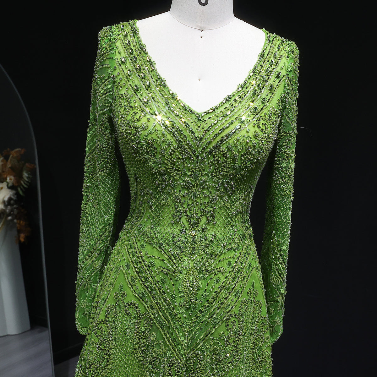 Elegant Lime Green Beaded Long Sleeve Evening Dress SS110 