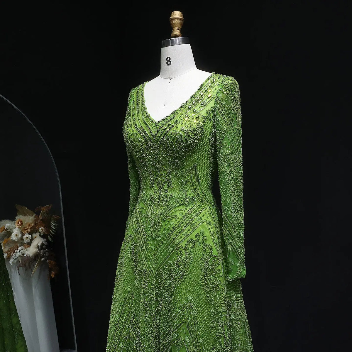 Elegant Lime Green Beaded Long Sleeve Evening Dress SS110 