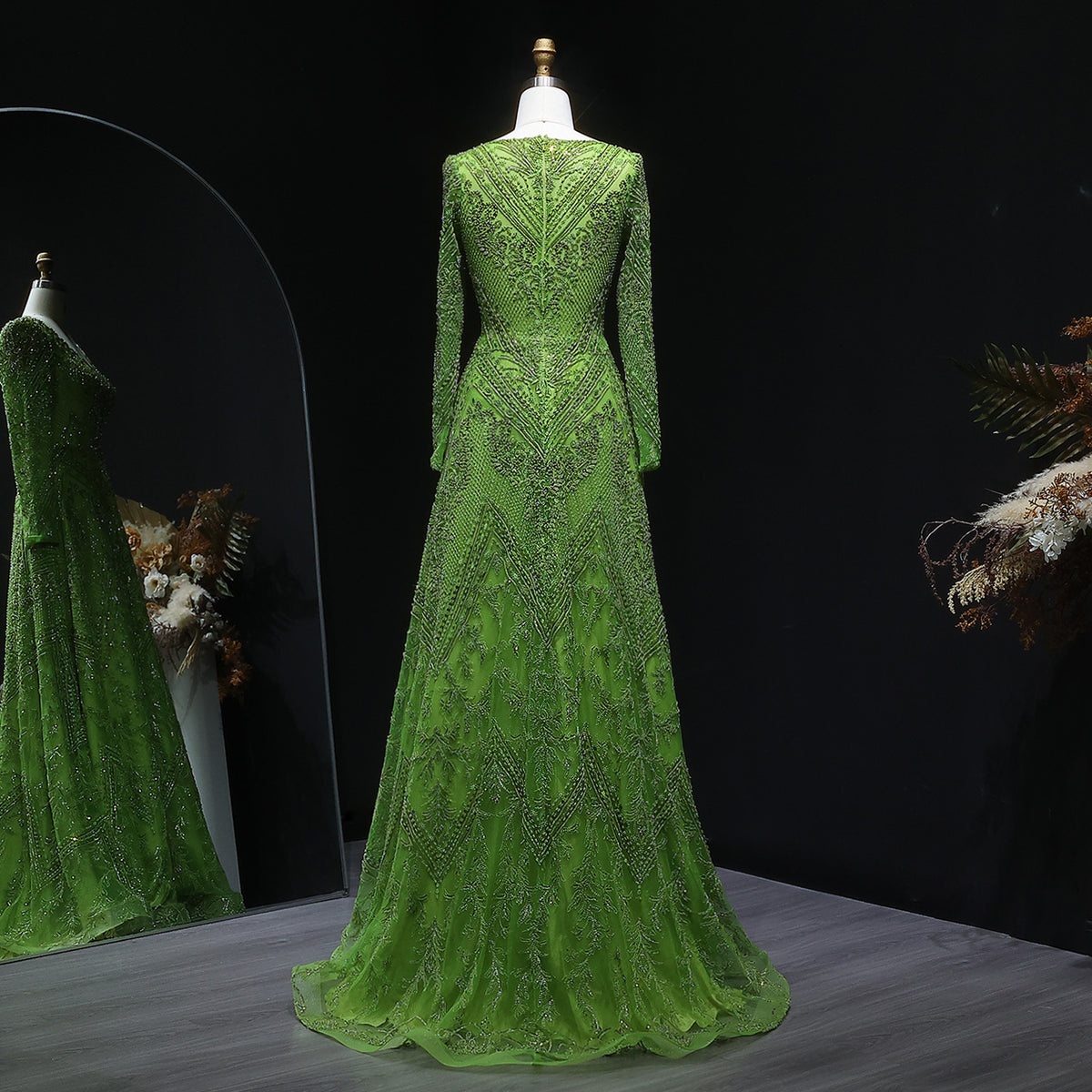 Elegant Lime Green Beaded Long Sleeve Evening Dress SS110 