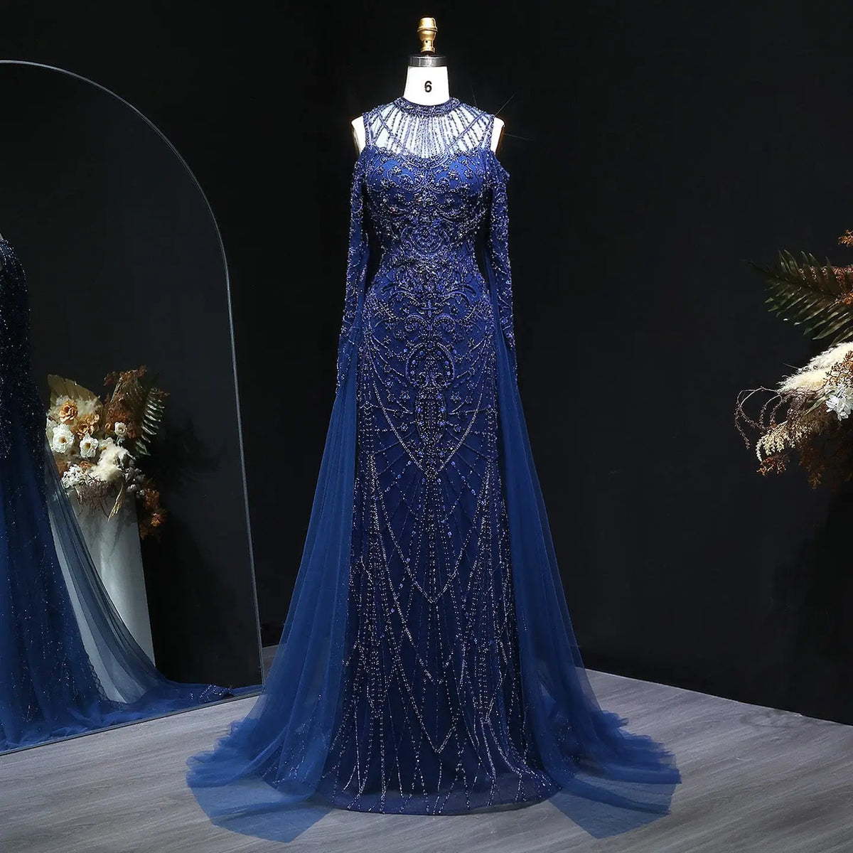 Luxury Beaded Evening Dress with Off-the-shoulder Cape Sleeves SS111 