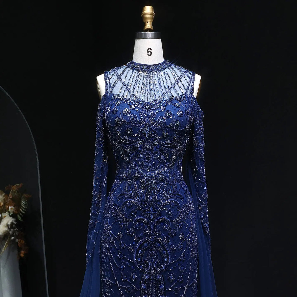 Luxury Beaded Evening Dress with Off-the-shoulder Cape Sleeves SS111 