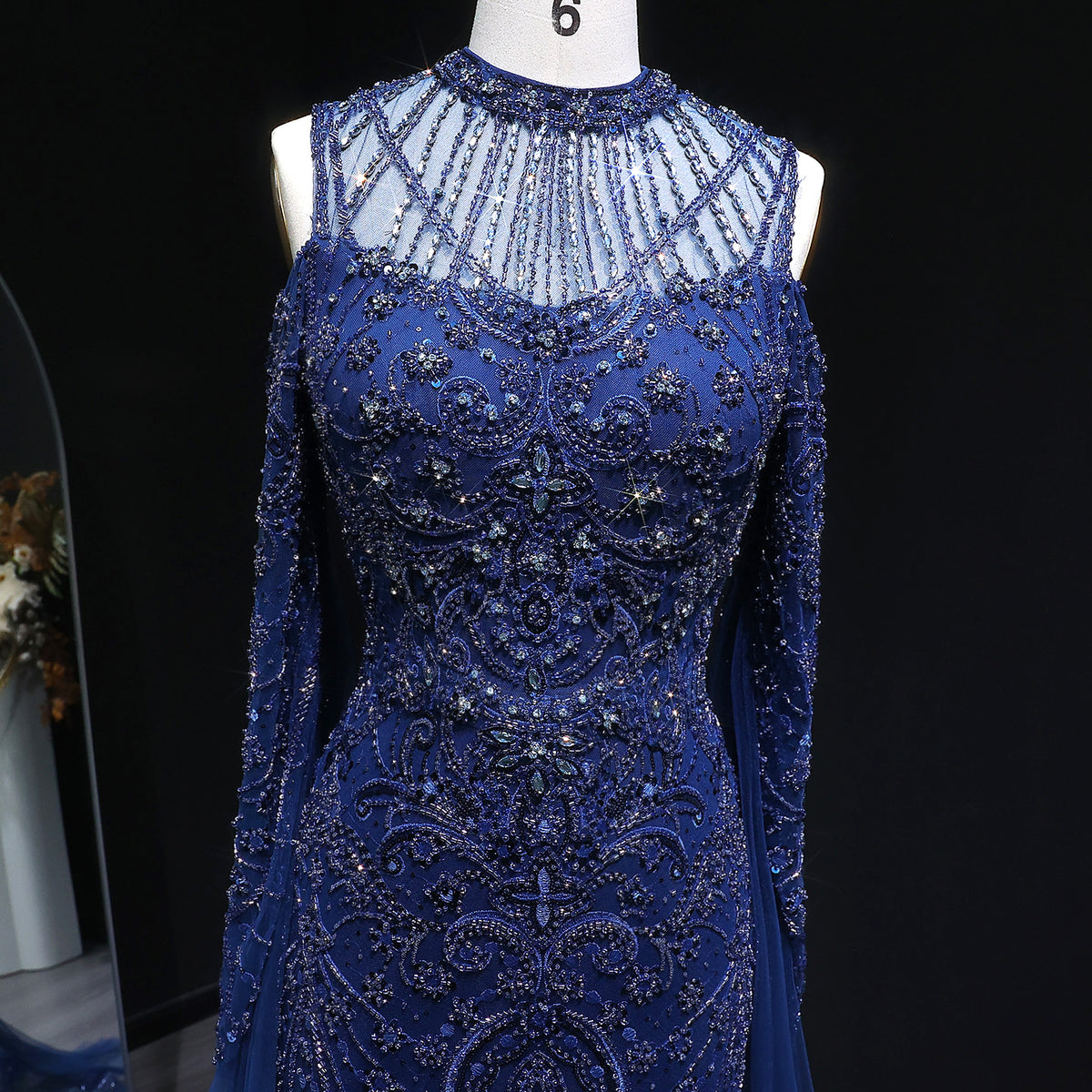 Luxury Beaded Evening Dress with Off-the-shoulder Cape Sleeves SS111 