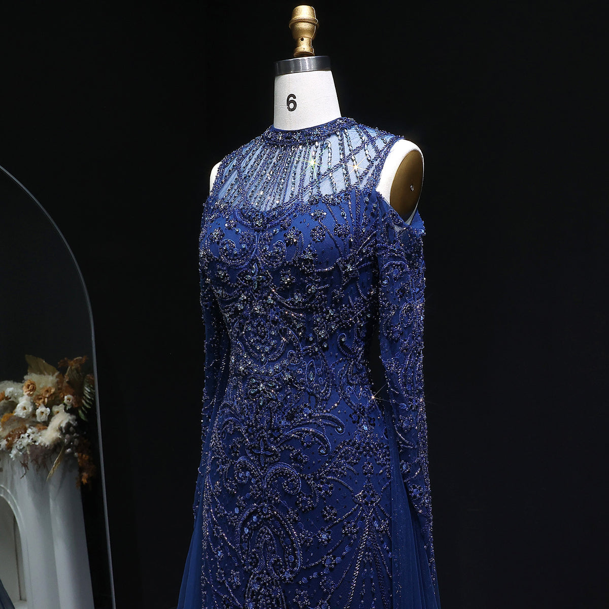 Luxury Beaded Evening Dress with Off-the-shoulder Cape Sleeves SS111 