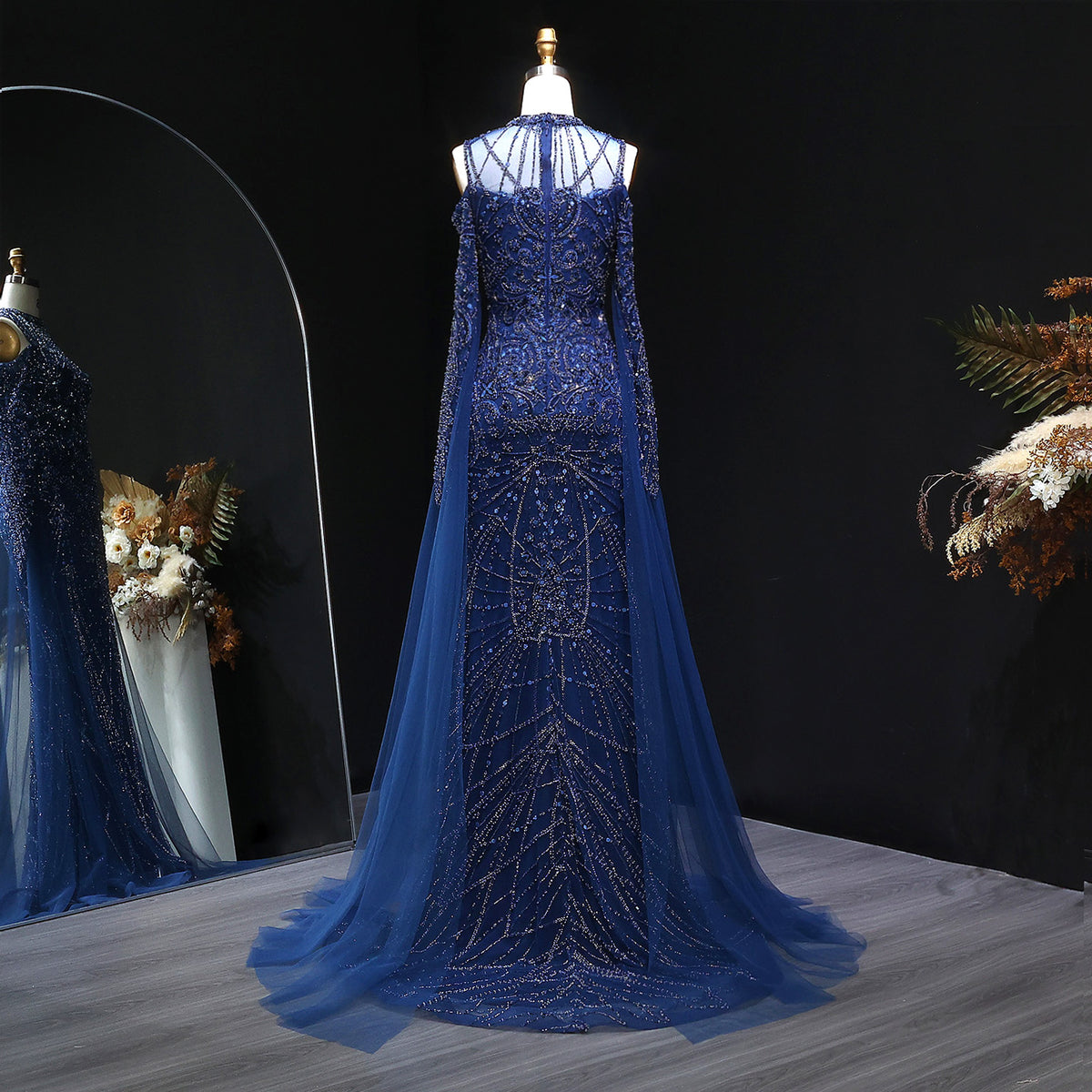 Luxury Beaded Evening Dress with Off-the-shoulder Cape Sleeves SS111 