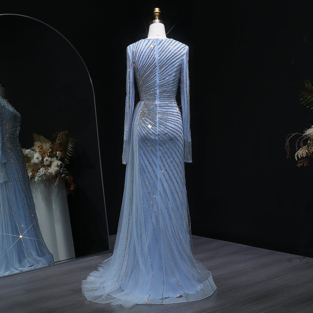 Luxury Beaded Gold Long Sleeves Evening Dress with Overskirt SS113