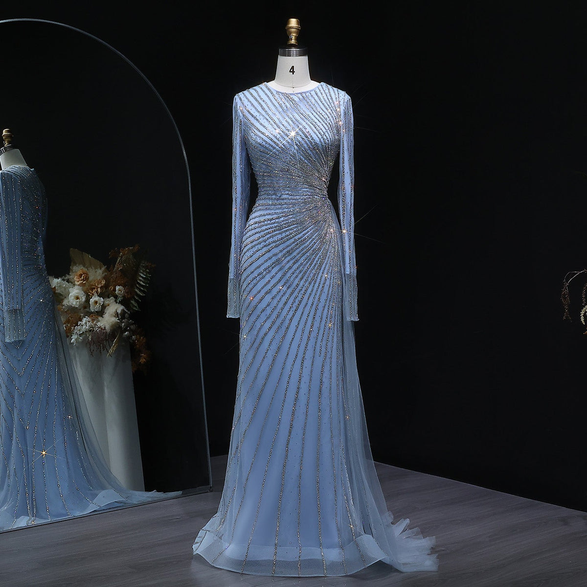 Luxury Beaded Gold Long Sleeves Evening Dress with Overskirt SS113  Blue / US 18