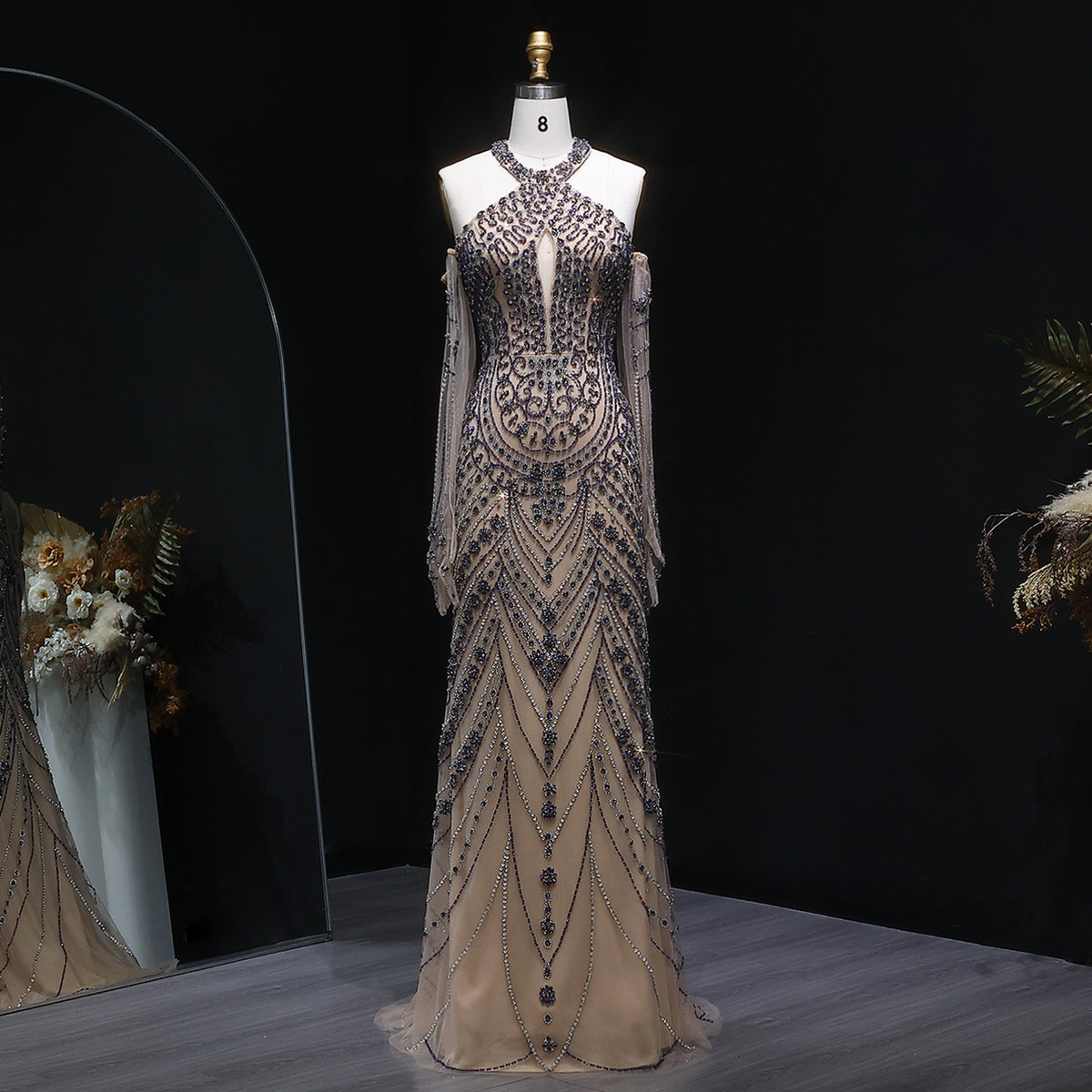 Luxury Beaded Halter Evening Dress with Gloves SS118 