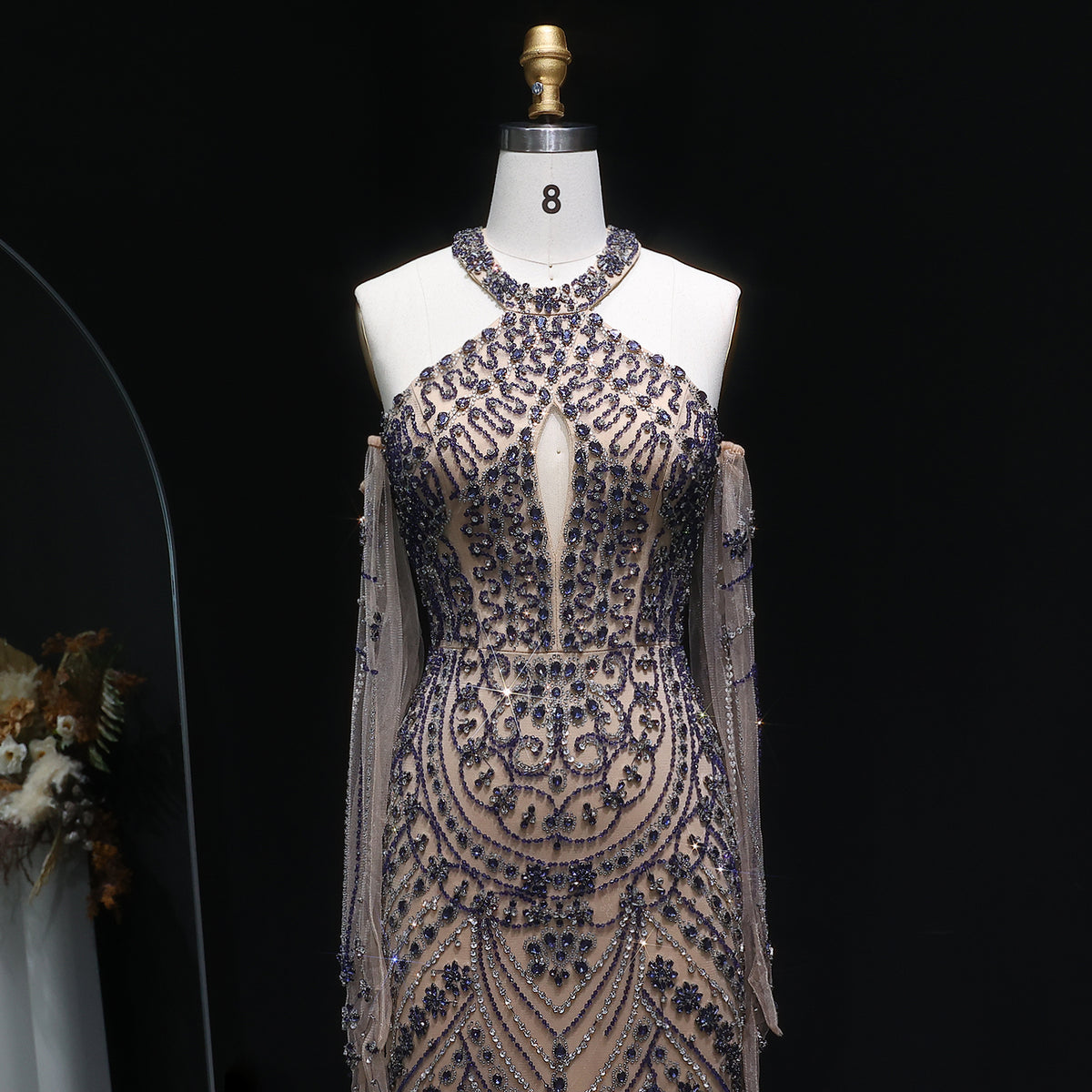 Luxury Beaded Halter Evening Dress with Gloves SS118 