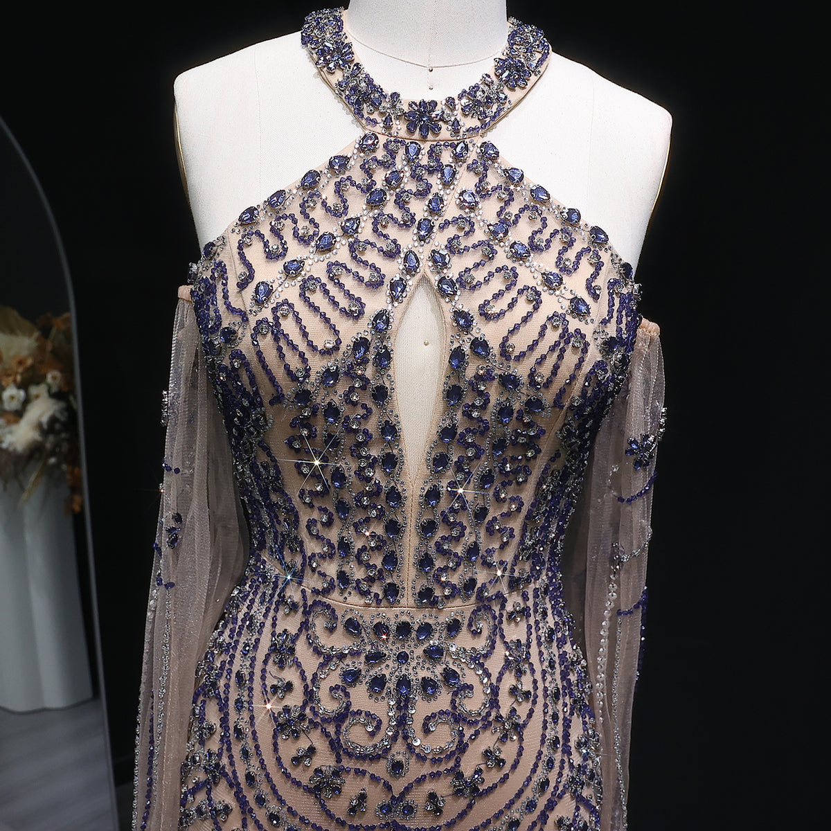 Luxury Beaded Halter Evening Dress with Gloves SS118 