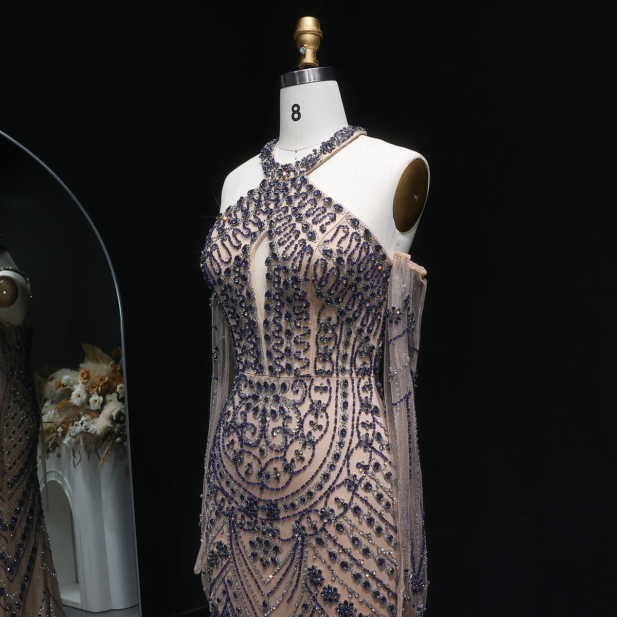 Luxury Beaded Halter Evening Dress with Gloves SS118 