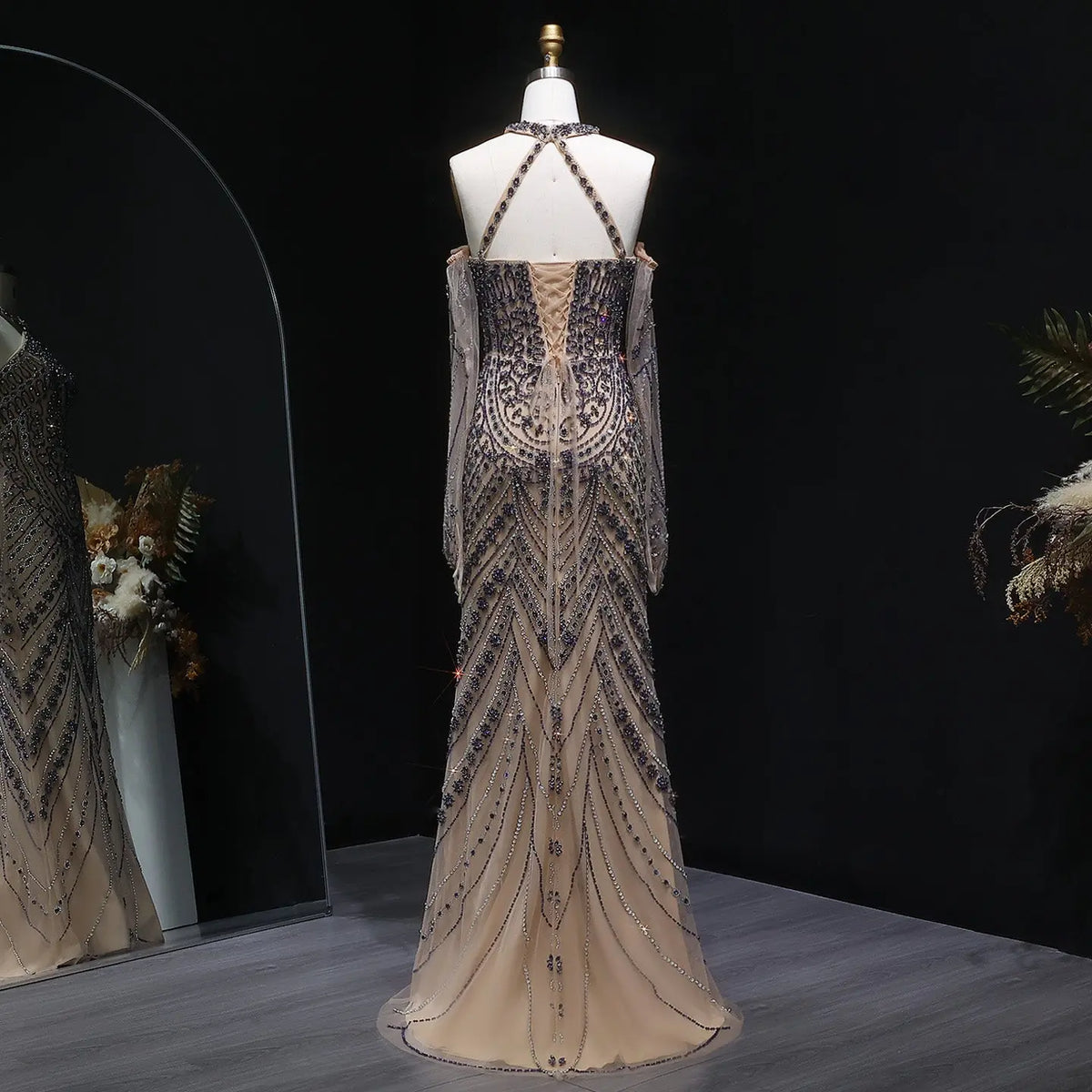 Elegant Beaded Halter Evening Gown with Matching Gloves SS118 Blue Nude / 18 Elegant Beaded Halter Evening Gown with Matching Gloves SS118 Blue Nude / 18
