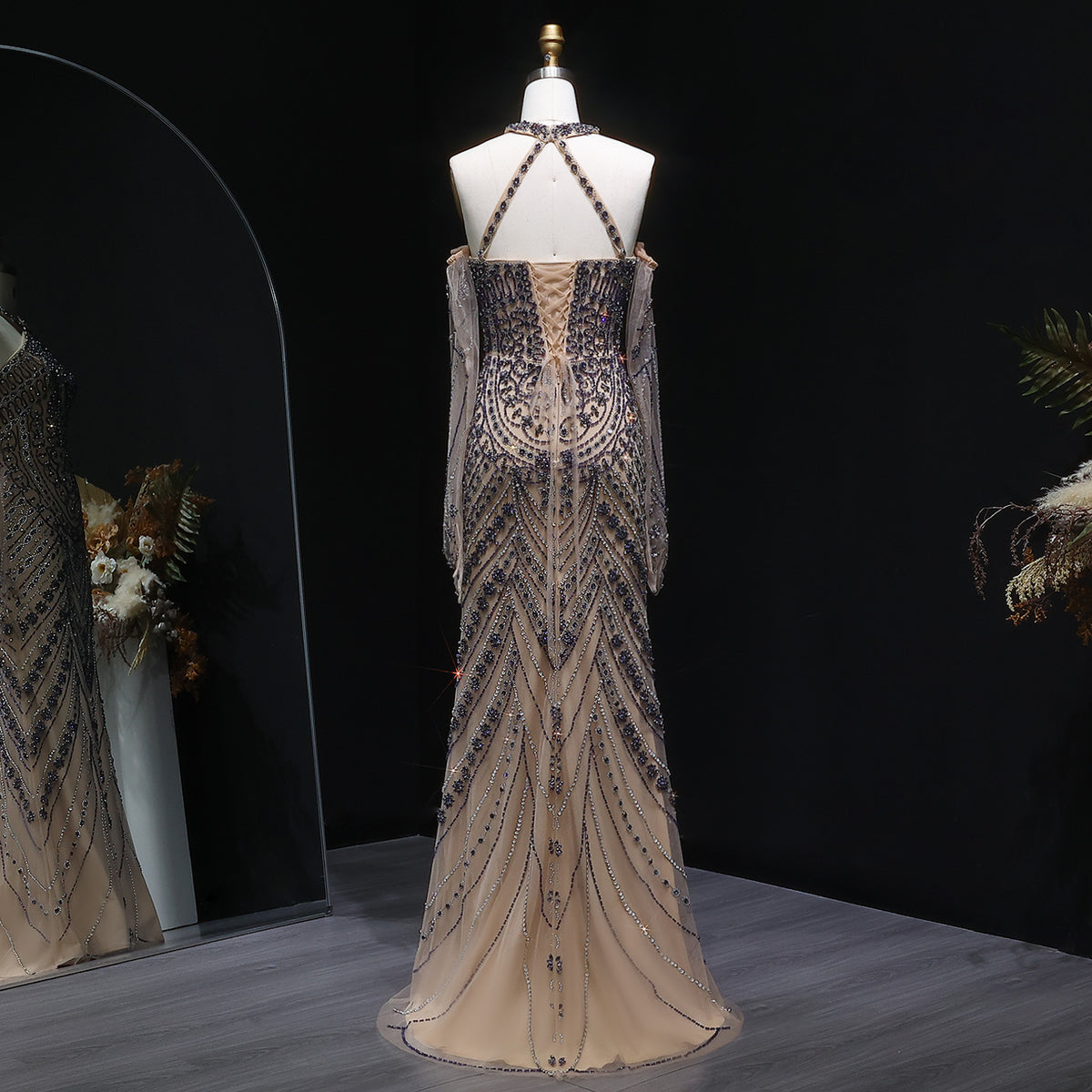 Luxury Beaded Halter Evening Dress with Gloves SS118 