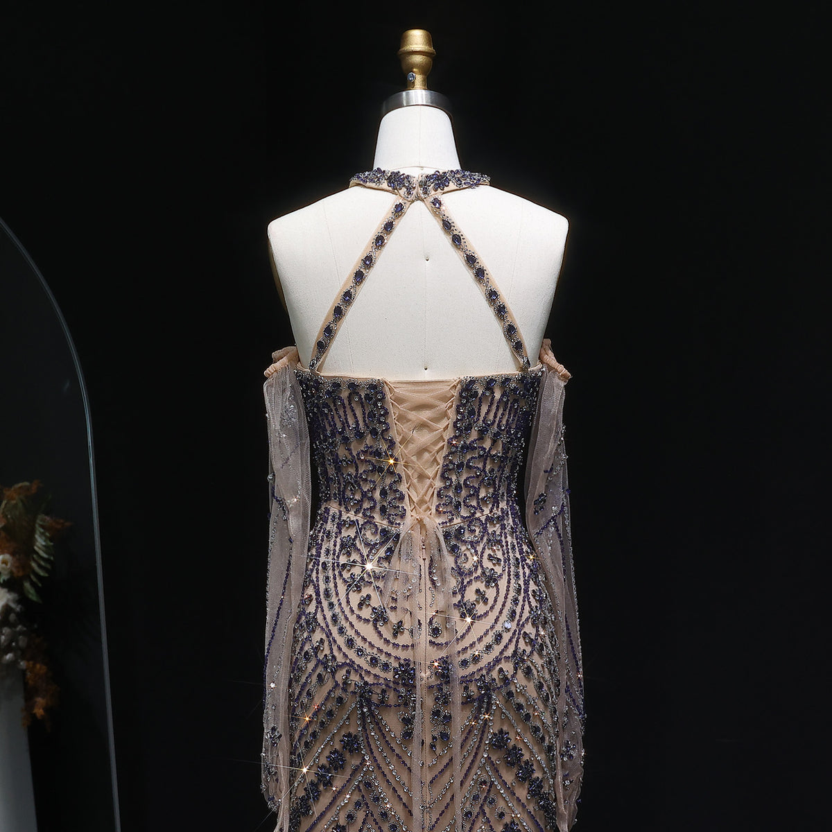 Luxury Beaded Halter Evening Dress with Gloves SS118 